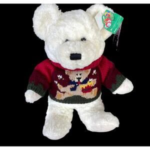 Vintage White Teddy Bear Plush Knit Sweater w/ Bear 15" TAGS 90s Stuffed Animal
